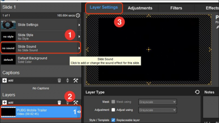 Click vô Slide Sound và nhấn vô video clip vô mục Layers và lựa chọn Layer setting